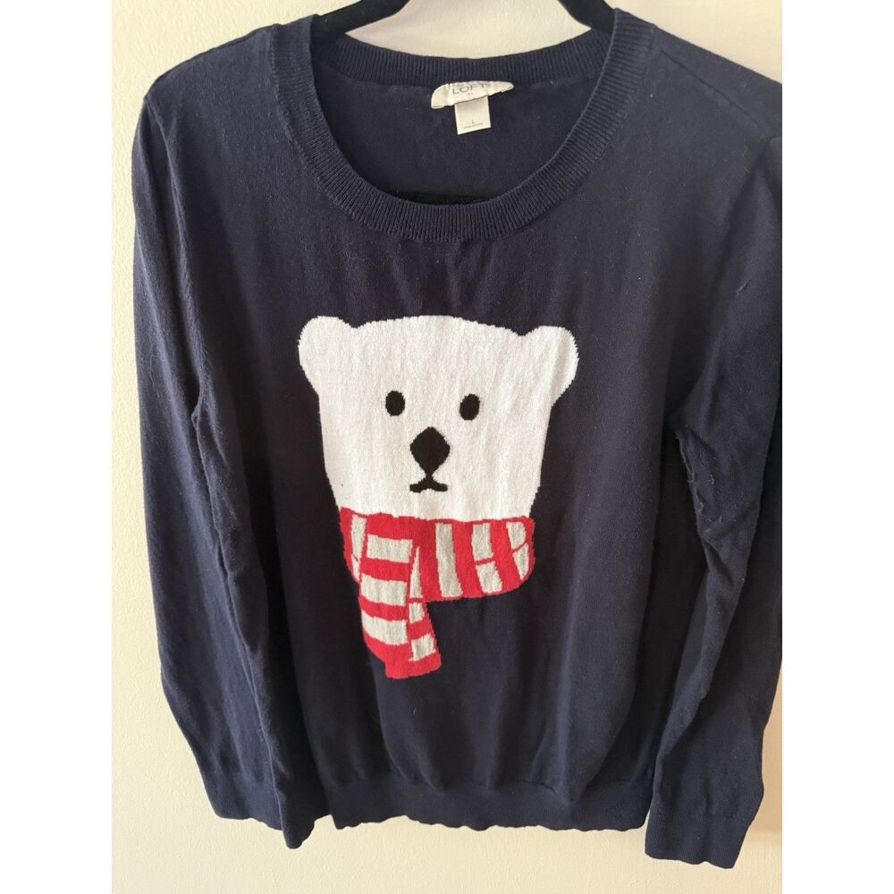LOFT | Navy Polar Bear Sweater | Holiday Crewneck Knit | Large